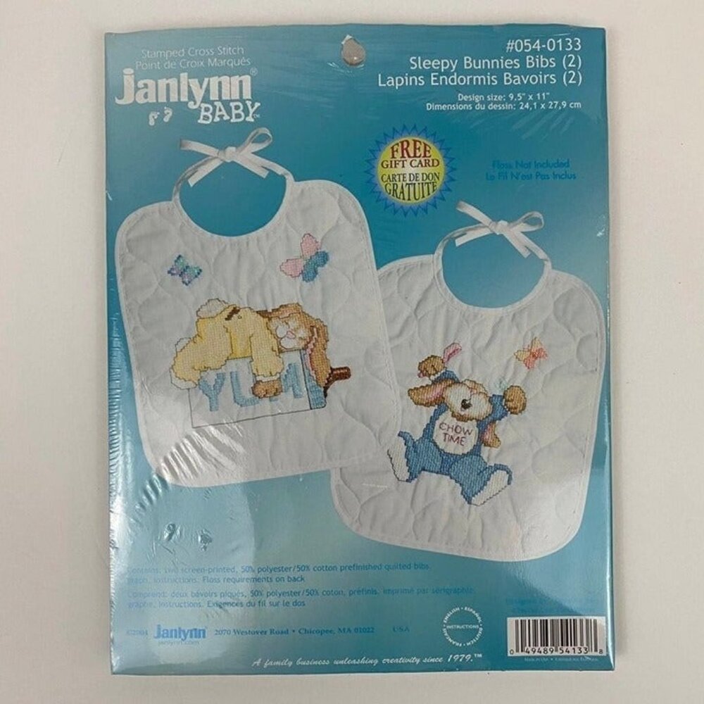 Janlynn Baby Stamped Cross Stitch Kit Baby Bibs Sleepy Bunny Rabbit Infant